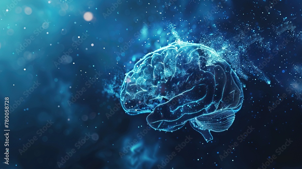 A digital illustration of a brain composed of glowing blue particles against a cosmic backdrop A digital illustration of a brain composed of glowing blue particles against a cosmic backdrop