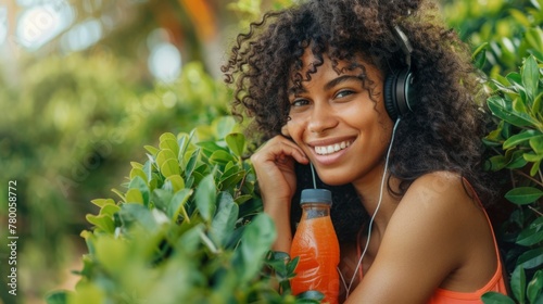 Happy woman enjoying music in a beautiful garden with a refreshing drink. A young woman with curly hair smiles, listens to music with headphones in a lush green garden, holding a juice or smoothie.