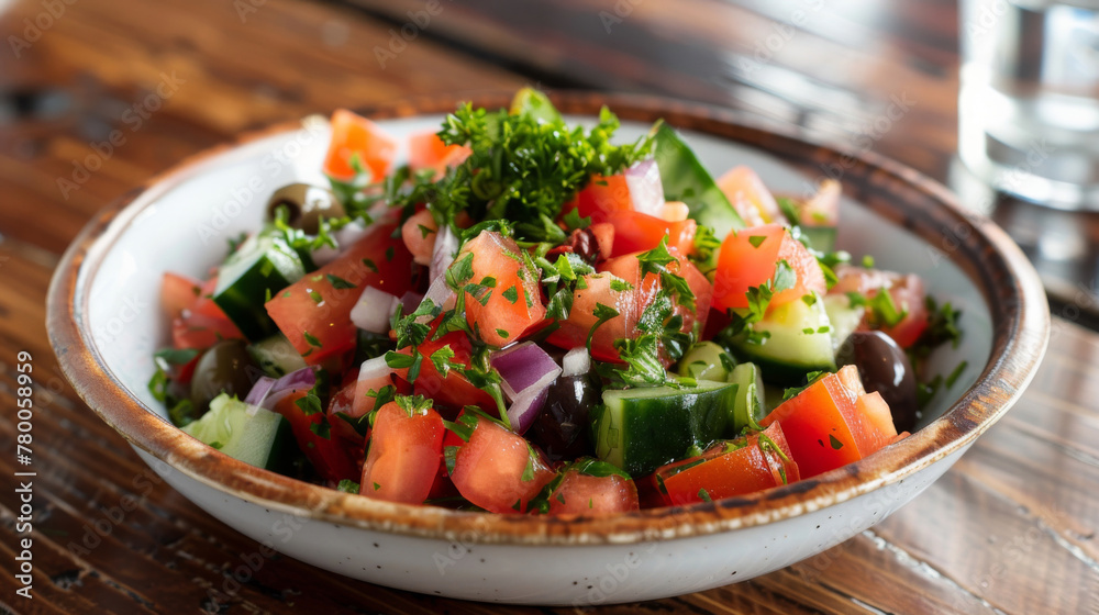 Fresh bulgarian shopska salad on wooden table