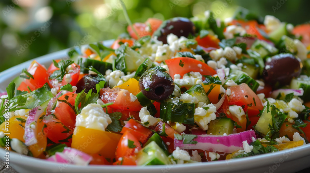Colorful close-up of a traditional bulgarian salad with fresh vegetables and cheese