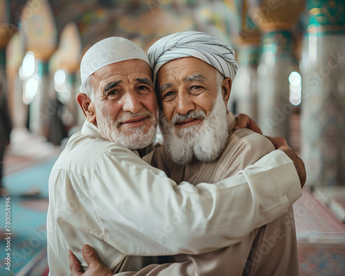 Two Muslim brothers hugging each other eid al adha festival with islamic background