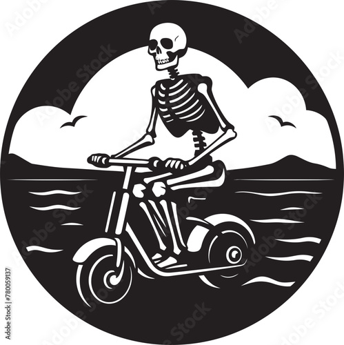 Skele-Scoot Sands: Vector Skeleton on Beach Scooter Beach Biker Bones: Beach Vector Logo Design