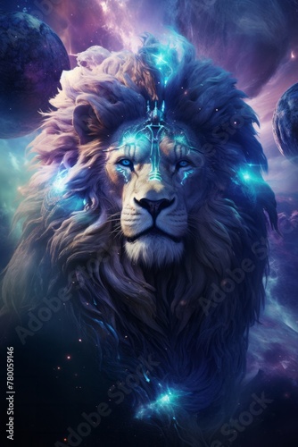 A lion with glowing eyes and a crown on its head, symbolizing power and majesty. The lions mane is made of stardust, adding to its celestial aura