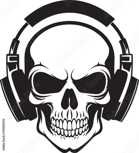 Melodic Marrow: Logo Design of Musical Skeleton Skull Sync: Vector Graphic with Headphone-wearing Skeleton