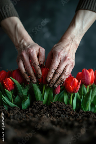 Hands planting tulip bulbs in soil spring gardening #780059321