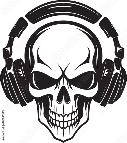 Melodic Marrow: Logo Design with Headphone-wearing Skeleton Skull Sync: Vector Graphic of Skeleton Grooving with Headphones