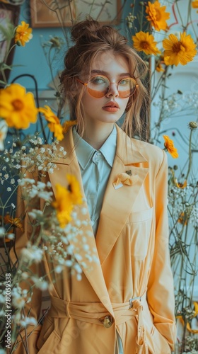Woman in Trench Coat and Glasses Standing in Front of Flowers
