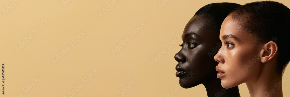 Profile photo of three women with different skin tones, each showing their unique beauty and diversity in their faces. The background is a neutral beige to create focus on facial features. Profile photo of three women with different skin tones, each showing their unique beauty and diversity in their faces. The background is a neutral beige to create focus on facial features.