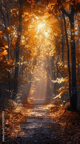 Pathway Through Forest Covered in Leaves