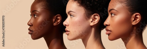 Profile photo of three women with different skin tones, each showing their unique beauty and diversity in their faces. The background is a neutral beige to create focus on facial features.