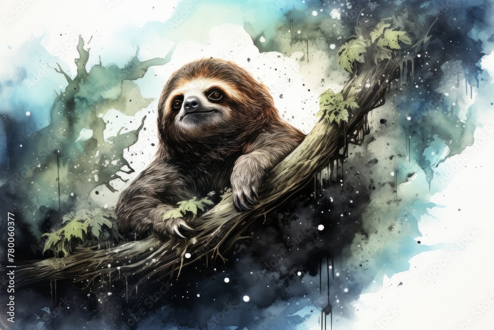 Fototapeta premium A painting of a sloth from the galaxy, casually sitting on a tree branch in a cosmic setting