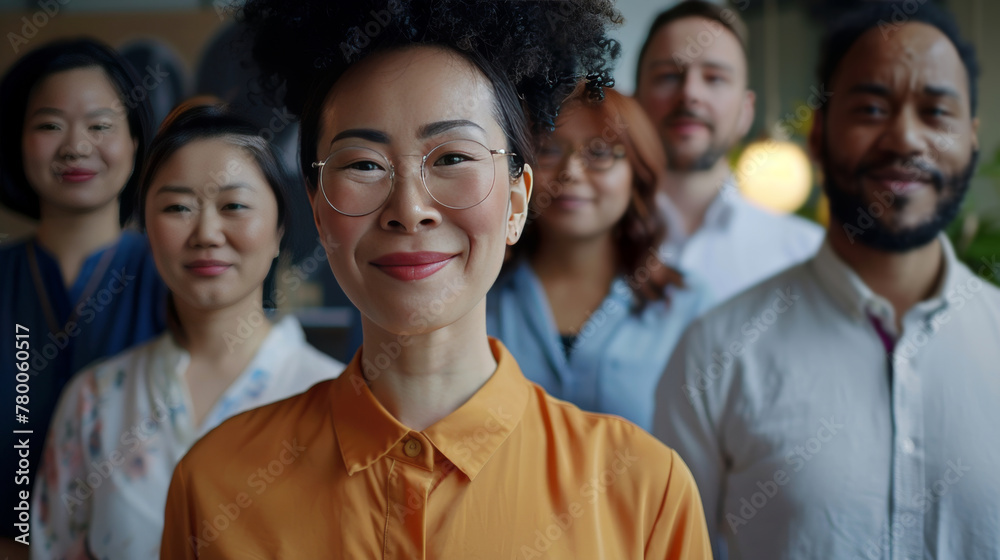Diverse group of business people team standing in an office, smiling and looking at the camera with arms crossed. A man posing as the leader is in the center posing for a portrait
