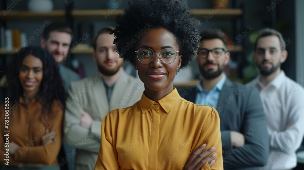 Diverse group of business people team standing in an office, smiling and looking at the camera with arms crossed. A man posing as the leader is in the center posing for a portrait Diverse group of business people team standing in an office, smiling and looking at the camera with arms crossed. A man posing as the leader is in the center posing for a portrait