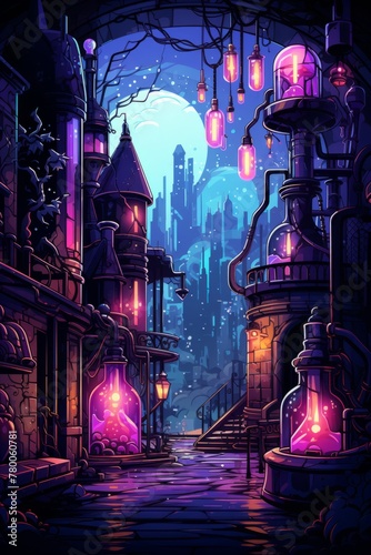 A modern-day alchemist brewing potions in a hidden laboratory beneath a bustling city street