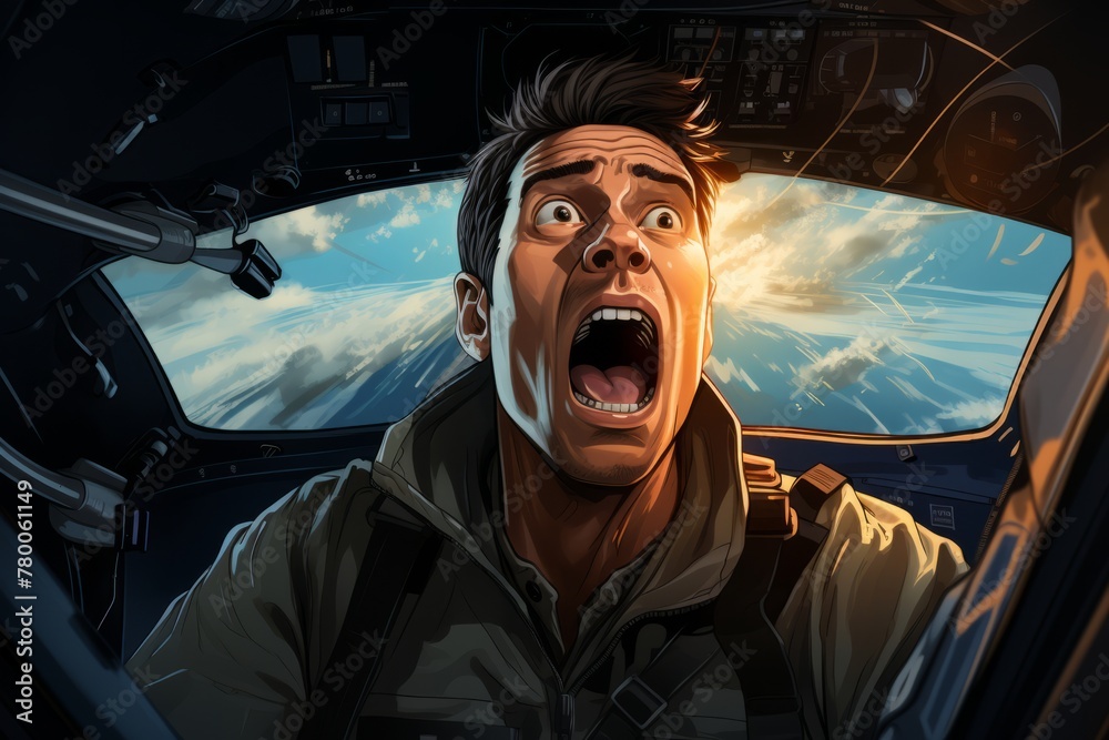 A man with his mouth open in shock or surprise, sitting in an airplane seat. The background shows the interior of a plane