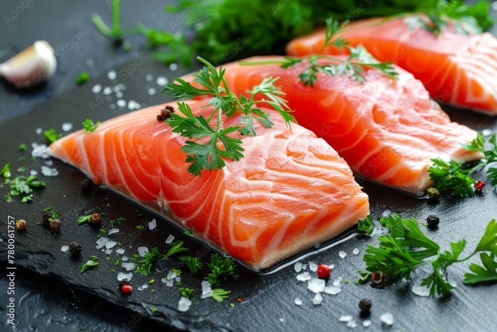 Raw salmon fillets garnished with parsley and spices on a dark slate background, ideal for healthy meals. Fresh Salmon Fillets with Herbs and Spices Raw salmon fillets garnished with parsley and spices on a dark slate background, ideal for healthy meals. Fresh Salmon Fillets with Herbs and Spices