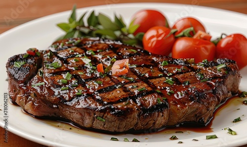 Juicy delicious steak with tomatoes on a white plate
