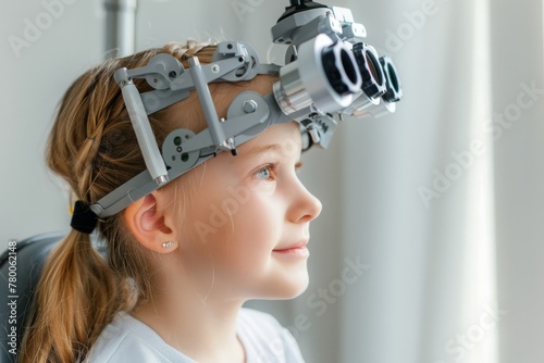 A young girl getting her vision tested with a phoropter in an optometrist's clinic, highlighting eye health for children. Child Wearing Phoropter for Eye Examination © Оксана Олейник