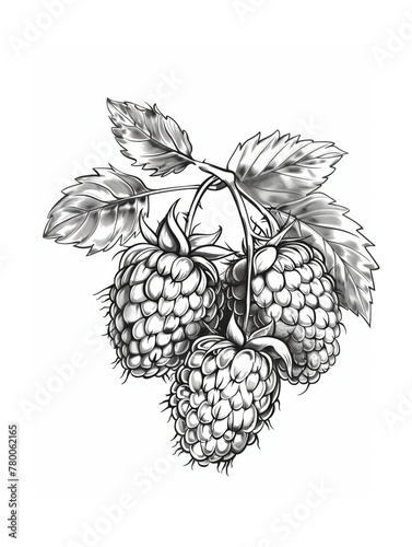 Black and white hand-drawn illustration of a cluster of raspberries with leaves. A detailed botanical drawing of a bunch of raspberries with leaves, isolated on a white background. 