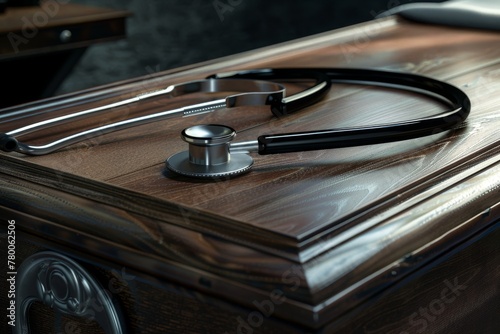 A medical stethoscope resting on the lid of a polished wooden coffin, symbolizing life and mortality. Medical Stethoscope on Glossy Wooden Coffin