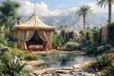 luxurious tent oasis surrounded by lush greenery and serene pond against a backdrop of majestic mountains