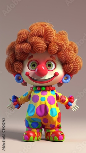 A little joyful clown with red hair and a red nose