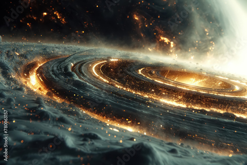 golden galaxy swirl, cosmic dust and stars in deep space