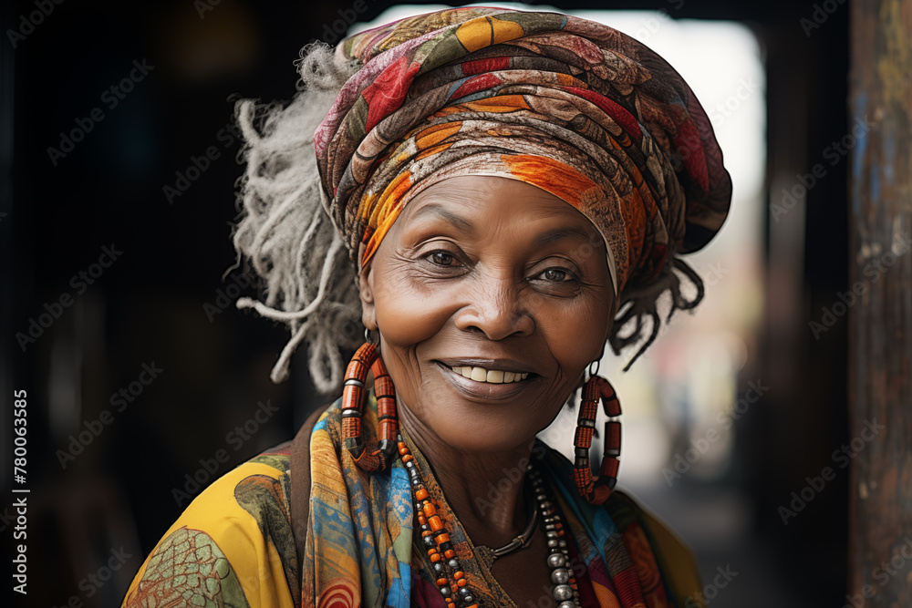 Fototapeta premium Happy smiling elderly black women. African elderly lady. Elderly African American women. Old person. Africa. AI.