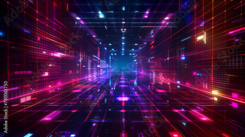 Cyber grid tunnel with neon lights