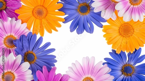 A colorful bouquet of flowers is arranged in a circle. Flowers of different colors and sizes create a bright and lively atmosphere. Frame with space for text. Illustration for cover  card  postcard.