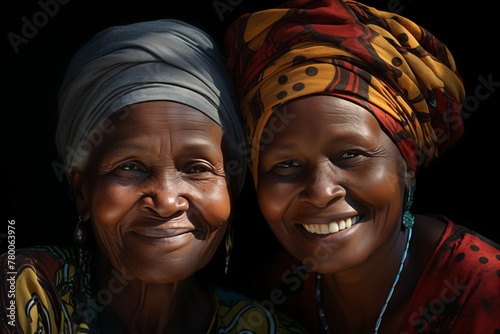 Two black women smiling. African elderly lady. Elderly African American women. Old person. Africa. AI. Friend. Friends.