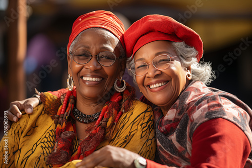 Two black women smiling. African elderly lady. Elderly African American women. Old person. Africa. AI. Friend. Friends.