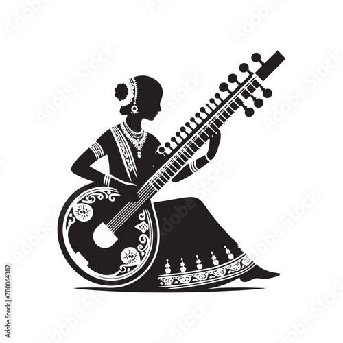 Harmonious Strings: Exquisite Sitar Silhouette, Illustrated and Vectorized with Minimal Detail, Sitar Illustration - Minimallest Sitar Vector
