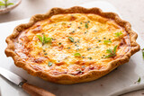 Salmon and cheese quiche freshly baked for breakfast