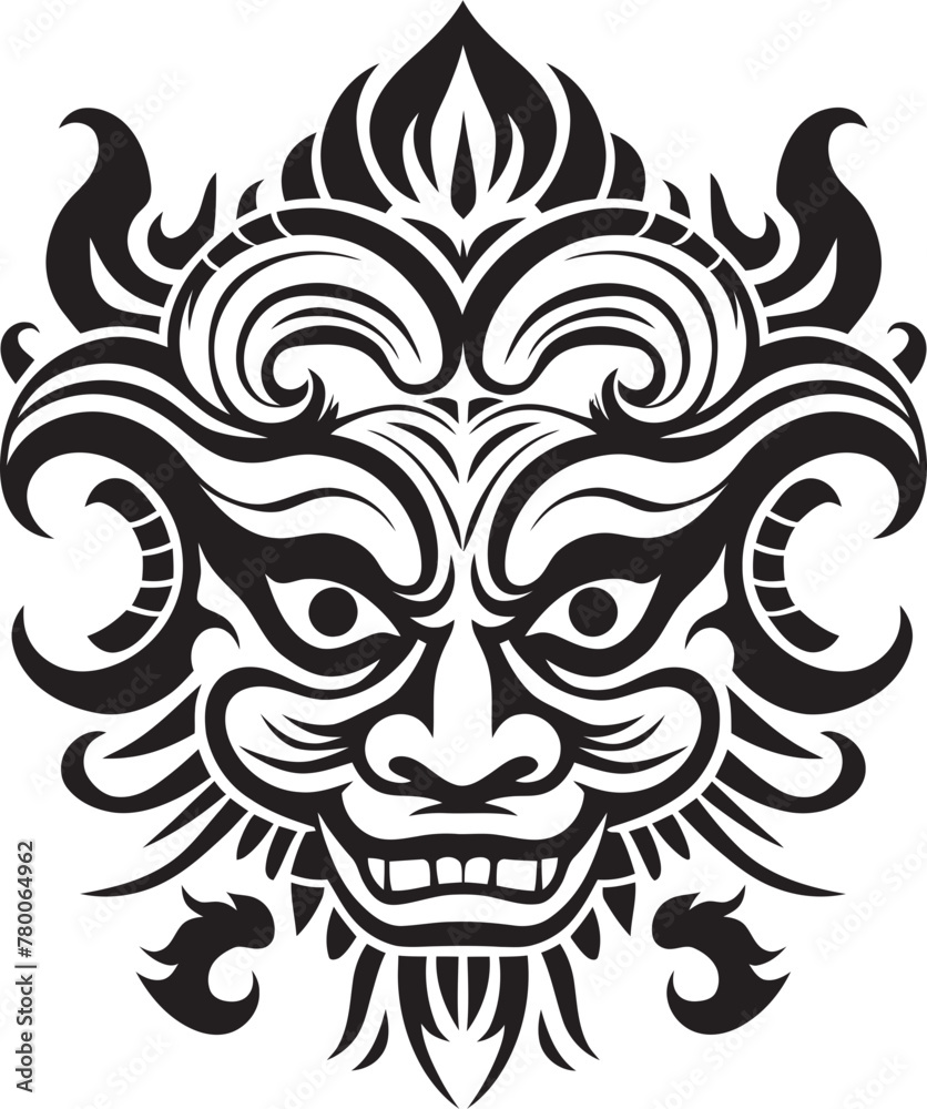 Enigmatic Elegance: Traditional Balinese Mask Icon Graphics Mythical Masks: Vector Bali Mask Emblem Design
