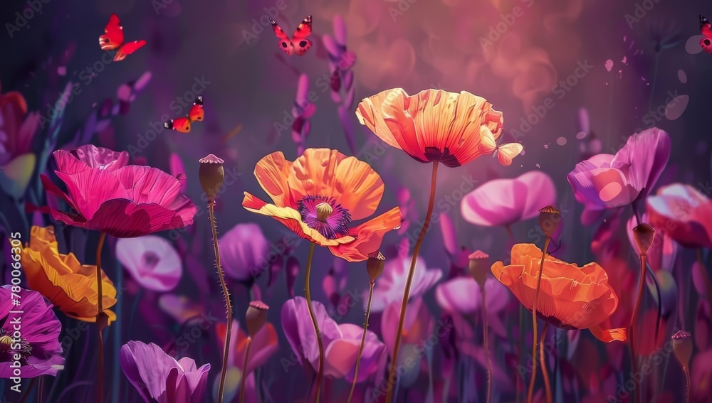 Colorful painting of flowers in the style of impressionist art. The background is dark and vibrant, with a focus on pink, red, and orange poppies and butterflies - obrazy, fototapety, plakaty 