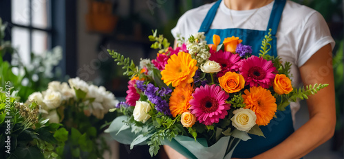 hands of a female florist holding a bouquet professional