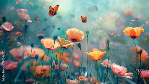 Colorful painting of flowers in the style of impressionist art. The background is dark and vibrant  with a focus on pink  red  and orange poppies and butterflies