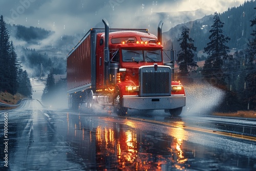 Rainy day delivery: Red semi-truck transporting goods in a dry van trailer photo