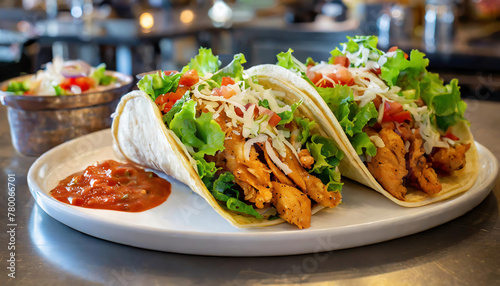 two tasy chicken tacos with fresh lettuce, tomotoes on restaurant counter photo