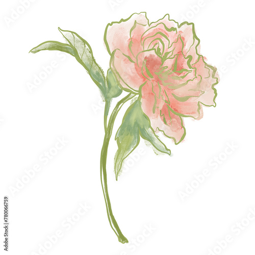 Oil painting abstract flower card of pink peony. Hand painted floral composition of wildflower isolated on white background. Holiday Illustration for design, print, fabric or background.