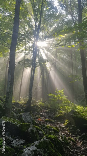 Sunbeams Filtering Through Trees in Forest