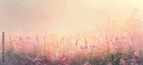 a field of flowers with a foggy sky