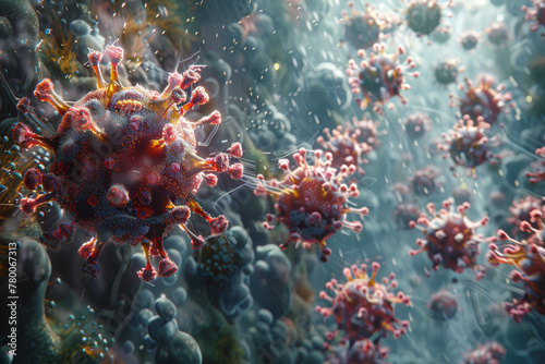 A visualization of the immune system at work, battling against invading pathogens to protect the body from illness. Concept of immune response and defense mechanisms. Generative Ai. © Sebastian