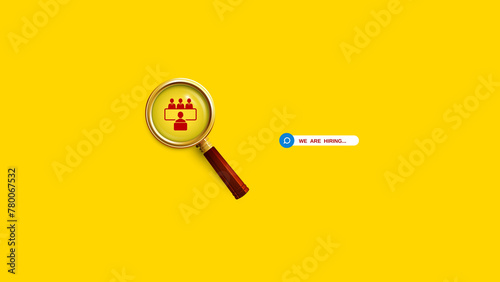 We are Hiring a design with a Magnifying Glass on a yellow background. Minimal we are hiring background. 