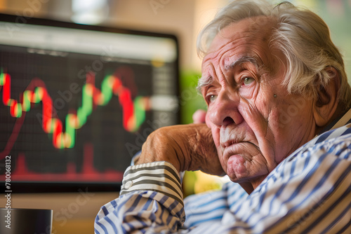 Worried stressed senior old man shocked by crashing stock market, lost his retirement money © Kenishirotie