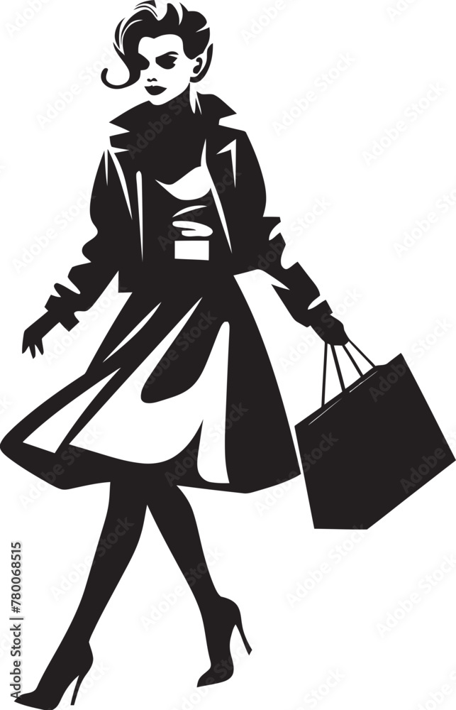 Trendsetter's Style: Iconic Shopping Bag Design for Young Woman Urban Fashionista: Fashionable Lady with Shopping Bag Vector Emblem