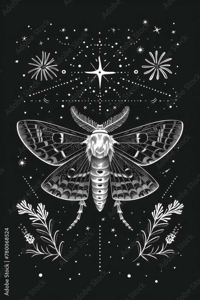 Celestial skeleton moth surrounded by occult symbolism, folk monochrome art, Celestial skeleton moth surrounded by occult symbolism, folk monochrome art,