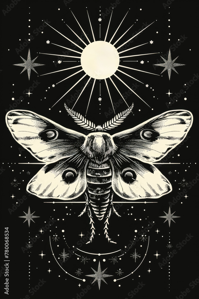Celestial skeleton moth surrounded by occult symbolism, folk monochrome art, Celestial skeleton moth surrounded by occult symbolism, folk monochrome art,