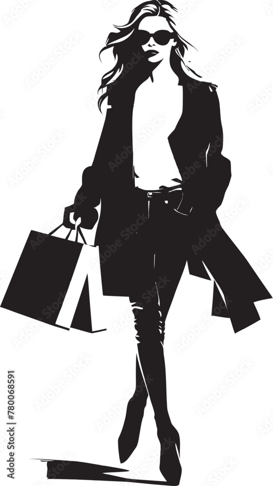 Trendy Style Maven: Stylish Lady with Shopping Bag Icon City Chic Couture: Urban Woman with Shopping Bag Emblem